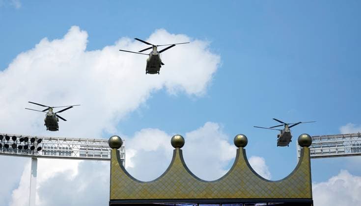 July 12, 2025: US Army Chinook Helicopters fly over during the National Anthem before the Royals against the Mets at Kauffman Stadium Kansas City, Missouri. CSM. Kansas City United States - ZUMAc04_ 20250712_zma_c04_098 Copyright: xJonxRobichaudx