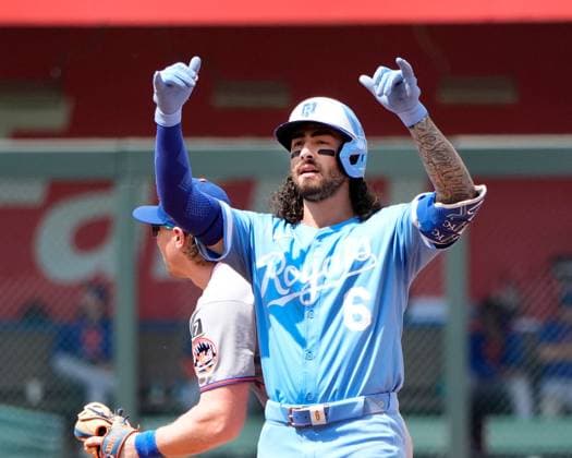 July 11, 2025: Kansas City Royals designated hitter Jonathan India (6) celebrates a lead off double against the Mets at Kauffman Stadium Kansas City, Missouri. CSM. Kansas City United States - ZUMAc04_ 20250712_zma_c04_112 Copyright: xJonxRobichaudx