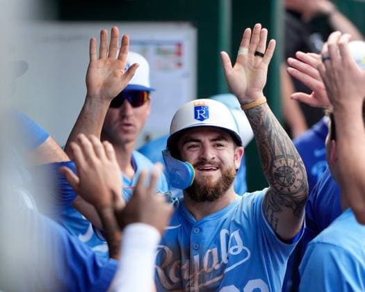 July 12, 2025: Kansas City Royals outfielder Kyle Isbel (28) celebrates scoring against the Mets at Kauffman Stadium Kansas City, Missouri. CSM. Kansas City United States - ZUMAc04_ 20250712_zma_c04_116 Copyright: xJonxRobichaudx
