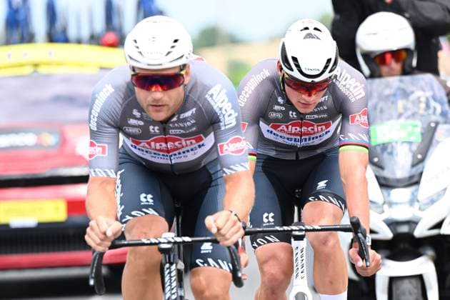 Tour de France 2025 Stage 9 CHATEAUROUX, FRANCE - JULY 13 : Rickaert Jonas (BEL) of Alpecin - Deceuninck, Van der Poel Mathieu (NED) of Alpecin - Deceuninck during stage 9 of the 112th edition of Tour de France an UCI World Tour 2.UWT cycling road race stage for Men Elite of 170 km with start in Chinon and finish in Chateauroux on July 13, 2025 in Chateauroux, France, 13 07 2025 ( Motordriver Kenny Verfaillie - Chateauroux France  Copyright: xPetexGodingx