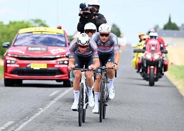 Belgian Jonas Rickaert of Alpecin-Deceuninck and Dutch Mathieu van der Poel of Alpecin-Deceuninck pictured in action during stage nine of the 2025 Tour de France cycling, from Chinon to Chateauroux (170 km), on Sunday 13 July 2025 in France. The 112th edition of the Tour de France starts on Saturday 5 July in Lille, France, and will finish in Paris, France on the 27th of July. POOLxxPOOLxPETExGODING  x129070954x