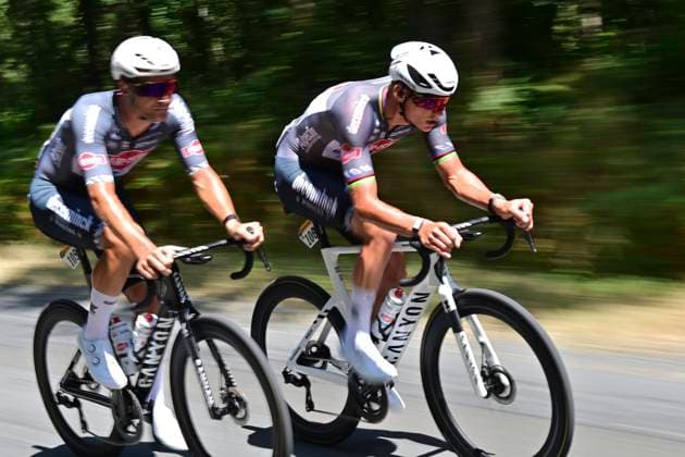 Tour de France 2025 Stage 9 CHATEAUROUX, FRANCE - JULY 13 : Rickaert Jonas (BEL) of Alpecin - Deceuninck,Van der Poel Mathieu (NED) of Alpecin - Deceuninck during stage 9 of the 112th edition of Tour de France an UCI World Tour 2.UWT cycling road race stage for Men Elite of 170 km with start in Chinon and finish in Chateauroux on July 13, 2025 in Chateauroux, France, 13 07 2025 ( Motordriver Kenny Verfaillie - Chateauroux France  Copyright: xPetexGodingx