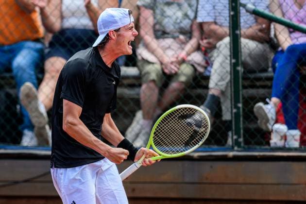 250713 Olle Wallin of Sweden celebrates during the qualifier tennis match at Nordea Open on July 13, 2025 in Bastad. Photo: Mathilda Schuler BILDBYRAN kod MA MA0845 tennis ATP, Tennis Herren 250 nordea open bbeng kval sweden sverige jubel Copyright: MATHILDAxSCHULER BB250713MA011