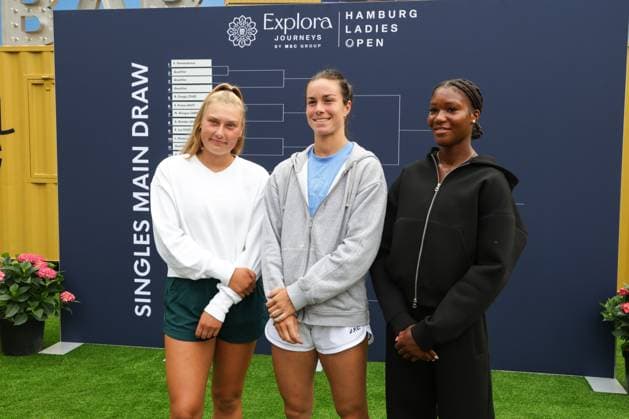 GER, Hamburg, xFSx, ATP250 Frauen-Tennistunier , MSC Hamburg Ladies Open Auslosung 2025, 13.07.2025 v.l., Nastasja Schunk (GER) , Lois Boisson (FRA) , Noma Noha Akugue (GER) Copyright: HMBxMedia FernandoxSoares