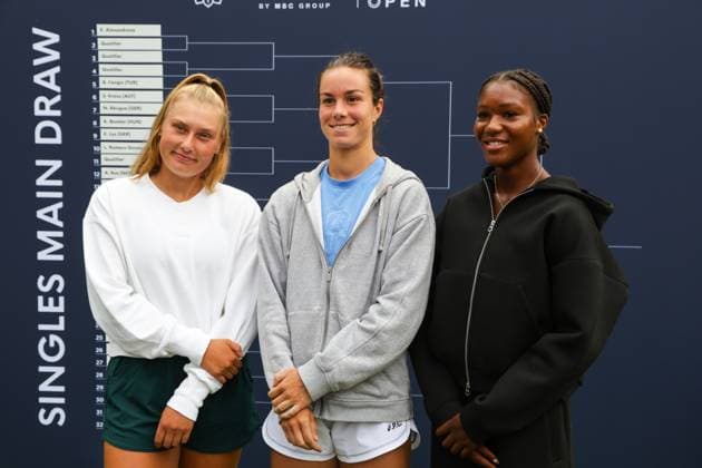 GER, Hamburg, xFSx, ATP250 Frauen-Tennistunier , MSC Hamburg Ladies Open Auslosung 2025, 13.07.2025 v.l., Nastasja Schunk (GER) , Lois Boisson (FRA) , Noma Noha Akugue (GER) Copyright: HMBxMedia FernandoxSoares