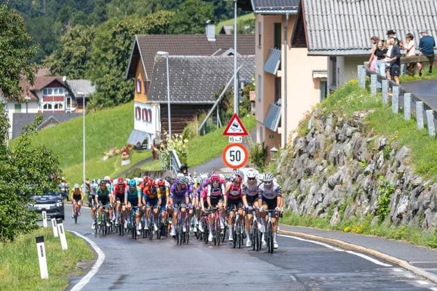 13.07.2025, Feldkirch, AUT, Tour of Austria 2025, Etappe 5 von Feldkirch nach Feldkirch (147,8 km), im Bild Peloton bei Laterns Peloton bei Laterns during the stage 5 from Feldkirch to Feldkirch (147,8 km) of the Tour of Austria. Feldkirch, Austria on 2025 07 13. Expa Feldkirch