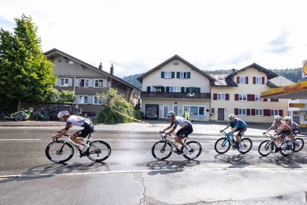 13.07.2025, Feldkirch, AUT, Tour of Austria 2025, Etappe 5 von Feldkirch nach Feldkirch (147,8 km), im Bild Alessandro Covi (ITA, UAE TEAM EMIRATES XRG), Filippo Baroncini (ITA, UAE TEAM EMIRATES XRG), Eivind Broholt Fougner (NOR, TEAM COOP - REPSOL), Felix Grossschartner (AUT, UAE TEAM EMIRATES XRG), Jensen Plowright (AUS, ALPECIN-DECEUNINCK), Spitzengruppe Ortsdurchfahrt Rankweil Alessandro Covi (ITA, UAE TEAM EMIRATES XRG), Filippo Baroncini (ITA, UAE TEAM EMIRATES XRG), Eivind Broholt Fougner (NOR, TEAM COOP - REPSOL), Felix Grossschartner (AUT, UAE TEAM EMIRATES XRG), Jensen Plowright (AUS, ALPECIN-DECEUNINCK), Spitzengruppe Ortsdurchfahrt Rankweil during the stage 5 from Feldkirch to Feldkirch (147,8 km) of the Tour of Austria. Feldkirch, Austria on 2025 07 13. Expa Feldkirch