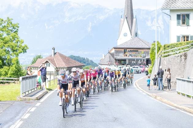 13.07.2025, Feldkirch, AUT, Tour of Austria 2025, Etappe 5 von Feldkirch nach Feldkirch (147,8 km), im Bild Peloton bei Laterns Peloton bei Laterns during the stage 5 from Feldkirch to Feldkirch (147,8 km) of the Tour of Austria. Feldkirch, Austria on 2025 07 13. Expa Feldkirch