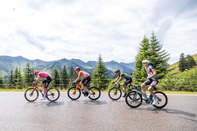 13.07.2025, Feldkirch, AUT, Tour of Austria 2025, Etappe 5 von Feldkirch nach Feldkirch (147,8 km), im Bild Sean Quinn (USA, EF EDUCATION - EASYPOST), Bob Jungels (LUX, INEOS GRENADIERS), Riccardo Zoidl (AUT, Hrinkow Advarics), Archie Ryan (IRL, EF EDUCATION - EASYPOST) Sean Quinn (USA, EF EDUCATION - EASYPOST), Bob Jungels (LUX, INEOS GRENADIERS), Riccardo Zoidl (AUT, Hrinkow Advarics), Archie Ryan (IRL, EF EDUCATION - EASYPOST) during the stage 5 from Feldkirch to Feldkirch (147,8 km) of the Tour of Austria. Feldkirch, Austria on 2025 07 13. Expa Feldkirch