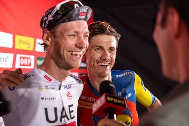 Sport Bilder des Tages 13.07.2025, Feldkirch, AUT, Tour of Austria 2025, Etappe 5 von Feldkirch nach Feldkirch (147,8 km), im Bild Felix Grossschartner (AUT, UAE TEAM EMIRATES XRG), Patrick Konrad (AUT, LIDL-TREK) Felix Grossschartner (AUT, UAE TEAM EMIRATES XRG), Patrick Konrad (AUT, LIDL-TREK) during the stage 5 from Feldkirch to Feldkirch (147,8 km) of the Tour of Austria. Feldkirch, Austria on 2025 07 13. Expa Feldkirch