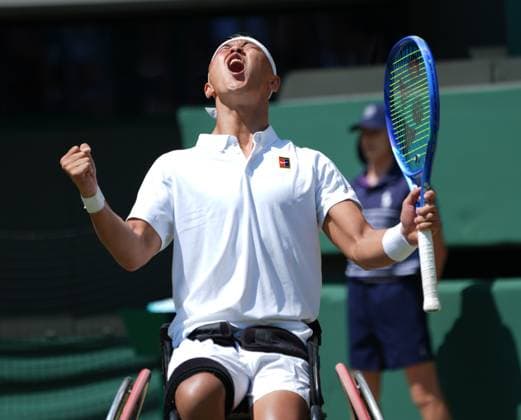 Tennis - 2025 Wimbledon Championships - Mens singles Wheelchair Final - Alfie Hewitt (GBR) v Tokito Oda (Japan) All England Lawn Tennis & Croquet Club - Sunday 13th July 2025 Tokito Oda (Japan) celebrates a point 