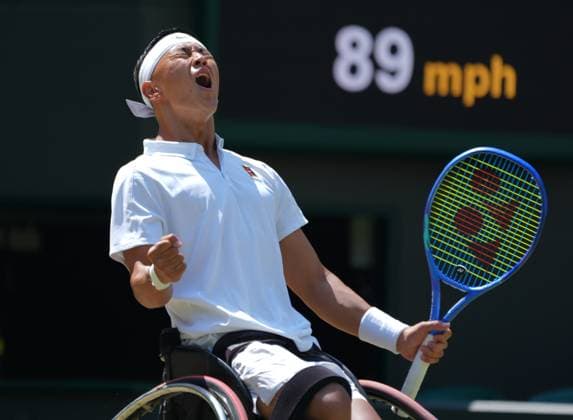 Tennis - 2025 Wimbledon Championships - Mens singles Wheelchair Final - Alfie Hewitt (GBR) v Tokito Oda (Japan) All England Lawn Tennis & Croquet Club - Sunday 13th July 2025 Tokito Oda (Japan) celebrates a point 