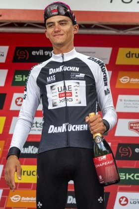 CYCLING - Tour of Austria 2025 FELDKIRCH,AUSTRIA,13.JUL.25 - CYCLING - Tour of Austria, stage 5, Feldkirch - Feldkirch. Image shows Isaac Del Torro Romero (MEX UAE Team Emirates XRG) with the bip for the best young athlete of the tour.  GEPAxpictures xOliverxLerch