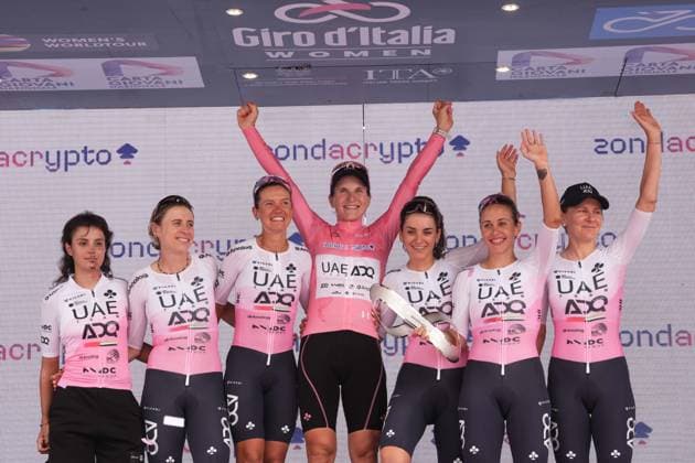 Longo Borghini Elisa and her team on the podium after the 8th stage of the Giro d’Italia Women, from Forlì to Imola (Autodromo Enzo e Dino Ferrari), Italy Sunday, July 13, 2025. - cycling .  Copyright: xMassimoxPaolone LaPressex