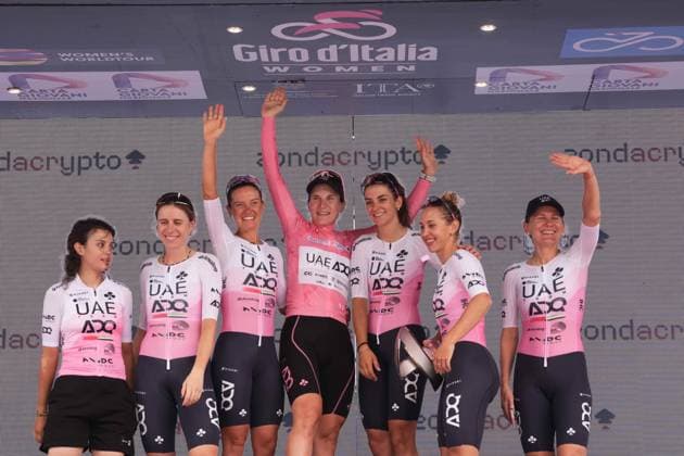 Longo Borghini Elisa and her team on the podium after the 8th stage of the Giro d’Italia Women, from Forlì to Imola (Autodromo Enzo e Dino Ferrari), Italy Sunday, July 13, 2025. - cycling .  Copyright: xMassimoxPaolone LaPressex