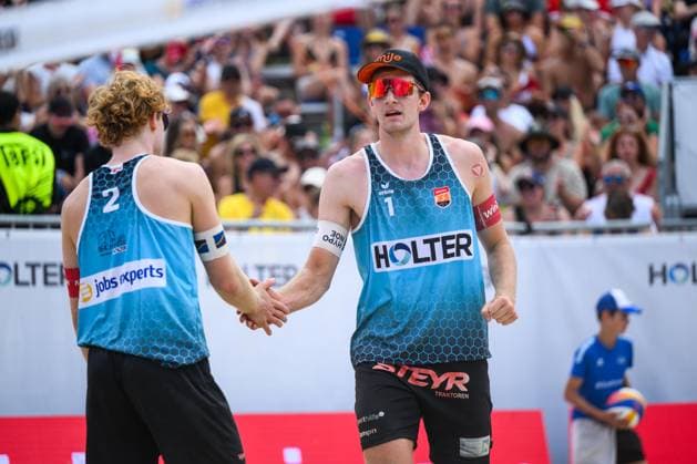 Beach volleyball, Beachvolleyball - Pro Beach Battle Masters SEEWALCHEN,AUSTRIA,13.JUL.25 - BEACH VOLLEYBALL - Beach Volleyball Tour PRO, Pro Beach Battle Masters Litzlberg. Image shows Timo Hammarberg and Tim Berger (AUT).  GEPAxpictures xChristianxMoser