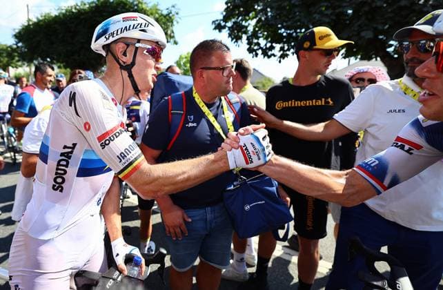 Belgian Tim Merlier of Soudal Quick-Step celebrates as he crosses the finish line to win stage nine of the 2025 Tour de France cycling, from Chinon to Chateauroux (170 km), on Sunday 13 July 2025 in France. The 112th edition of the Tour de France starts on Saturday 5 July in Lille, France, and will finish in Paris, France on the 27th of July. DAVIDxPINTENS  x129082646x