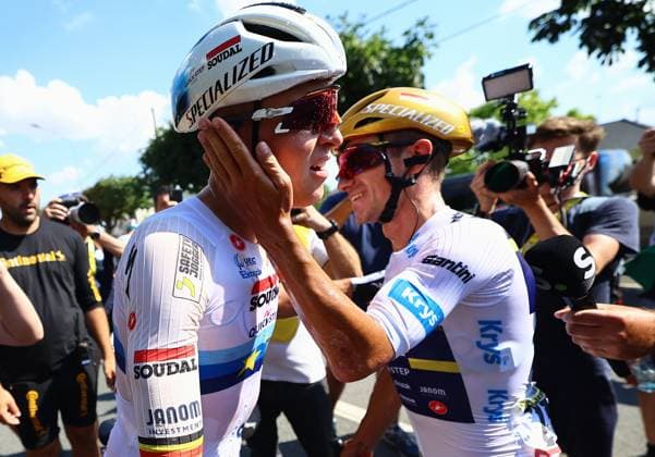 Belgian Tim Merlier of Soudal Quick-Step and Belgian Remco Evenepoel of Soudal Quick-Step pictured after stage nine of the 2025 Tour de France cycling, from Chinon to Chateauroux (170 km), on Sunday 13 July 2025 in France. The 112th edition of the Tour de France starts on Saturday 5 July in Lille, France, and will finish in Paris, France on the 27th of July.  x129084542x