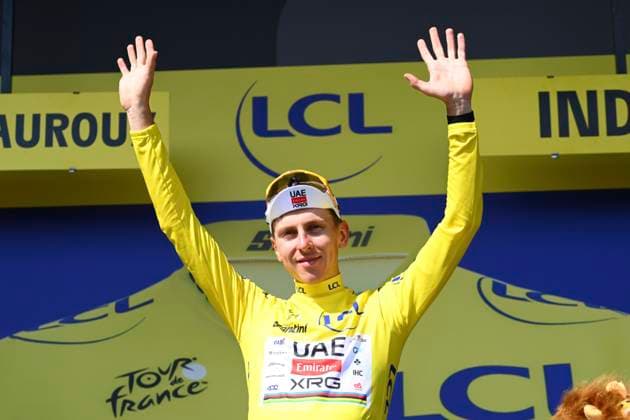 Tour de France 2025 Stage 9 CHATEAUROUX, FRANCE - JULY 13 : Pogacar Tadej (SLO) of UAE Team Emirates pictured with the yellow jersey during the podium ceremony of stage 9 of the 112th edition of Tour de France an UCI World Tour 2.UWT cycling road race stage for Men Elite of 170 km with start in Chinon and finish in Chateauroux on July 13, 2025 in Chateauroux, France, 13 07 2025 ( Motordriver Kenny Verfaillie - Chateauroux France  Copyright: xVincentxKalutx