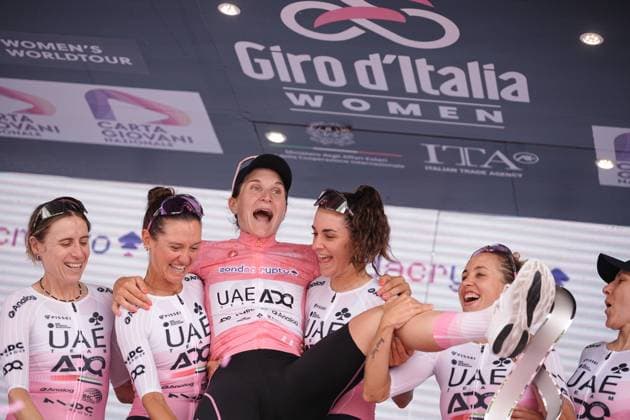 Longo Borghini Elisa and her team on the podium of 8th stage of the Giro d’Italia Women, from Forlì to Imola (Autodromo Enzo e Dino Ferrari), Italy Sunday, July 13, 2025. - cycling .  Copyright: xMarcoxAlpozzi LaPressex