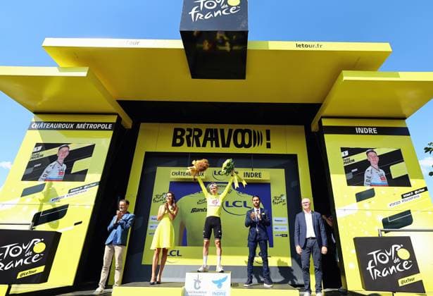 Slovenian Tadej Pogacar of UAE Team Emirates wearing the yellow jersey of leader in the overall ranking during after stage nine of the 2025 Tour de France cycling, from Chinon to Chateauroux (170 km), on Sunday 13 July 2025 in France. The 112th edition of the Tour de France starts on Saturday 5 July in Lille, France, and will finish in Paris, France on the 27th of July. DAVIDxPINTENS  x129085363x