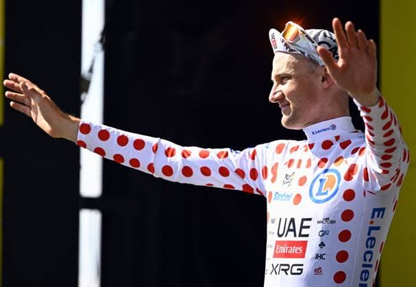 Belgian Tim Wellens of UAE Team Emirates celebrates in the red polka-dot jersey for best climber after stage nine of the 2025 Tour de France cycling, from Chinon to Chateauroux (170 km), on Sunday 13 July 2025 in France. The 112th edition of the Tour de France starts on Saturday 5 July in Lille, France, and will finish in Paris, France on the 27th of July. JASPERxJACOBS  x129086510x