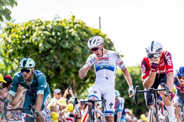 Italian Jonathan Milan of Lidl-Trek, Belgian Tim Merlier of Soudal Quick-Step and Belgian Arnaud De Lie of Lotto Cycling Team sprint to the finish of stage nine of the 2025 Tour de France cycling, from Chinon to Chateauroux (170 km), on Sunday 13 July 2025 in France. The 112th edition of the Tour de France starts on Saturday 5 July in Lille, France, and will finish in Paris, France on the 27th of July. JASPERxJACOBS  x129091503x