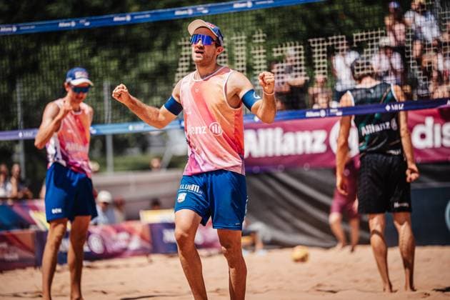 Beachvolleyball Männer Allianz German Beach Tour 2025 Tourstop München 13.07.2025 Tilo Rietschel jubelt München Zentraler Hochschulsport Münche Bayern Deutschland