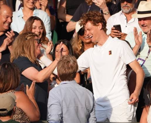 Tennis - 2025 Wimbledon Championships - Mens singles Final - Jannik Sinner (Italy) v Carlos Alcaraz (Spain) All England Lawn Tennis & Croquet Club - Sunday 13th July 2025 Jannik Sinner (Italy) climbs into the players box to greet his Mother, Siglinde 