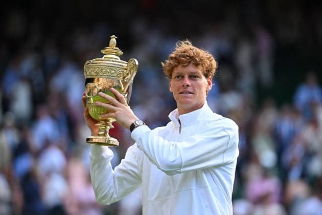 Jannik Sinner Wins His First Wimbledon Trophy - UK Jannik Sinner (ITA) wins his first Wimbledon Trophy at the 2025 Wimbledon Championships at the AELTC in London, UK, on July 13, 2025. Photo by Corinne Dubreuil ABACAPRESS.COM London United Kingdom  Copyright: xDubreuilxCorinne ABACAx