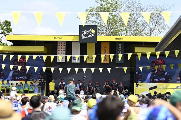 Tudor Pro Cycling Team riders pictured at the start of stage 10 of the 2025 Tour de France cycling, from Ennezat to Le Mont-Dore Puy de Sancy (169 km), on Monday 14 July 2025 in France. The 112th edition of the Tour de France starts on Saturday 5 July in Lille, France, and will finish in Paris, France on the 27th of July. JASPERxJACOBS  x129216030x