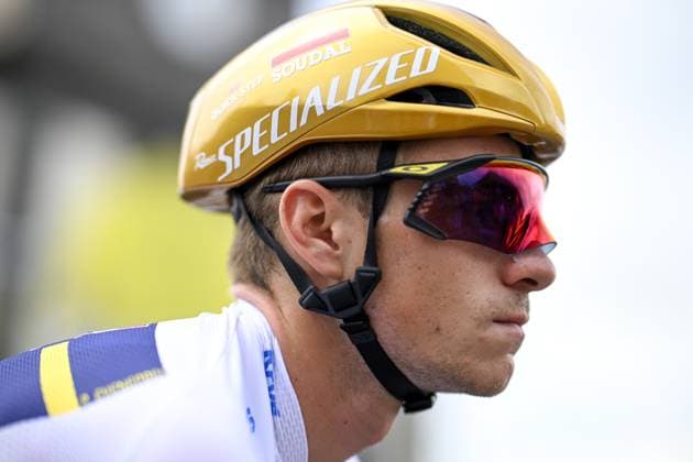 Belgian Remco Evenepoel of Soudal Quick-Step pictured at the start of stage 10 of the 2025 Tour de France cycling, from Ennezat to Le Mont-Dore Puy de Sancy (169 km), on Monday 14 July 2025 in France. The 112th edition of the Tour de France starts on Saturday 5 July in Lille, France, and will finish in Paris, France on the 27th of July. JASPERxJACOBS  x129223106x