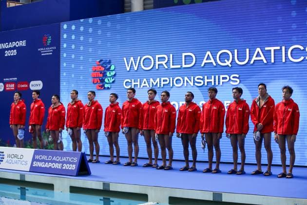 Ken Chou of Singapore, Zhi Zhi Loh of Singapore, Wai Chun Fong of Singapore, Wen Zhe Goh of Singapore, De Jun Cayden Loh of Singapore, Dominic Bo Xub Chan of Singapore, Dong Xuan Ryan Yap of Singapore, s8 , Sanjiv Rajandra of Singapore, Justin Kin Yan Saik of Singapore, Jayden See Tien Ee of Singapore, Jian Ying Koh of Singapore, Kai Yang Lee of Singapore, Matthias Goh of Singapore Singapore v Canada, Water polo, Wasserball Singapore 2025 World Aquatics Championships, OCBC Aquatic Centre, July 14, 2025, Singapore, Singapore.