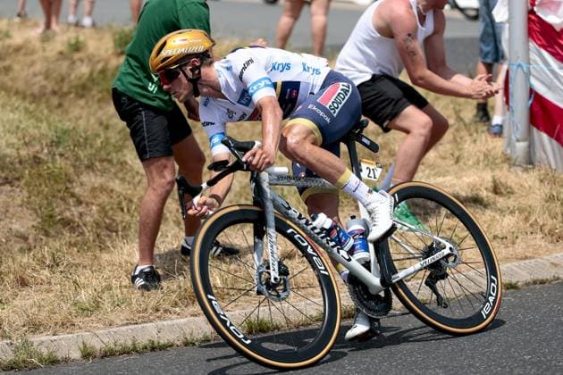 Belgian Remco Evenepoel of Soudal Quick-Step pictured in action during stage 10 of the 2025 Tour de France cycling, from Ennezat to Le Mont-Dore Puy de Sancy (169 km), on Monday 14 July 2025 in France. The 112th edition of the Tour de France starts on Saturday 5 July in Lille, France, and will finish in Paris, France on the 27th of July. POOLxLUCAxBETTINI  x129237517x