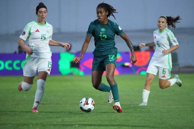 CASABLANCA, MOROCCO - JULY 13: Onyi Echegini of Nigeria and Morgane Ikene and Melissa Bethi of Algeria during the 2025 Women s Africa Cup of Nations (WAFCON) match between Nigeria and Algeria at Stade Larbi Zaouli on July 13, 2025 in Casablanca. Photo by Justina Aniefiok Copyright: xx