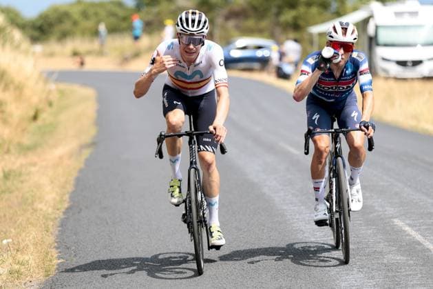Spanish Ivan Romeo of Movistar Team and Belgian Ilan Van Wilder of Soudal Quick-Step pictured in action during stage 10 of the 2025 Tour de France cycling, from Ennezat to Le Mont-Dore Puy de Sancy (169 km), on Monday 14 July 2025 in France. The 112th edition of the Tour de France starts on Saturday 5 July in Lille, France, and will finish in Paris, France on the 27th of July. POOLxLUCAxBETTINI  x129242448x
