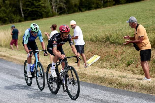 French Bruno Armirail of Decathlon AG2R La Mondiale Team and French Julian Alaphilippe of Tudor Pro Cycling Team pictured in action during stage 10 of the 2025 Tour de France cycling, from Ennezat to Le Mont-Dore Puy de Sancy (169 km), on Monday 14 July 2025 in France. The 112th edition of the Tour de France starts on Saturday 5 July in Lille, France, and will finish in Paris, France on the 27th of July. POOLxLUCAxBETTINI  x129243174x