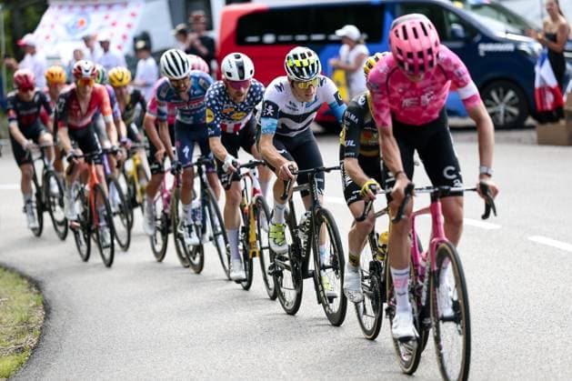 The breakaway group pictured during stage 10 of the 2025 Tour de France cycling, from Ennezat to Le Mont-Dore Puy de Sancy (169 km), on Monday 14 July 2025 in France. The 112th edition of the Tour de France starts on Saturday 5 July in Lille, France, and will finish in Paris, France on the 27th of July. POOLxLUCAxBETTINI  x129251461x