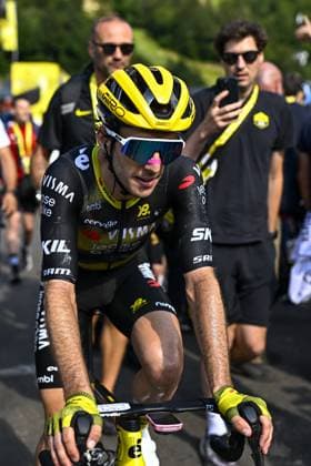 British Simon Yates of Team Visma Lease a Bike celebrates after winning stage 10 of the 2025 Tour de France cycling, from Ennezat to Le Mont-Dore Puy de Sancy (169 km), on Monday 14 July 2025 in France. The 112th edition of the Tour de France starts on Saturday 5 July in Lille, France, and will finish in Paris, France on the 27th of July. JASPERxJACOBS  x129256206x
