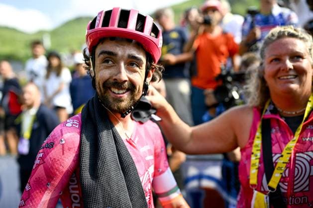 Irish Ben Healy of EF Education-EasyPost celebrates after winning stage 10 of the 2025 Tour de France cycling, from Ennezat to Le Mont-Dore Puy de Sancy (169 km), on Monday 14 July 2025 in France. The 112th edition of the Tour de France starts on Saturday 5 July in Lille, France, and will finish in Paris, France on the 27th of July. JASPERxJACOBS  x129256219x
