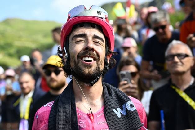 Irish Ben Healy of EF Education-EasyPost celebrates after winning stage 10 of the 2025 Tour de France cycling, from Ennezat to Le Mont-Dore Puy de Sancy (169 km), on Monday 14 July 2025 in France. The 112th edition of the Tour de France starts on Saturday 5 July in Lille, France, and will finish in Paris, France on the 27th of July. JASPERxJACOBS  x129256686x