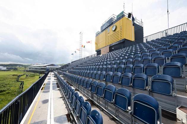 14th July 2025; Royal Portrush Golf Club, Portrush, County Antrim, Northern Ireland; The Open Golf Championship Practice Day 2; a general view of the main scoreboard above a grandstand at the 18th green  ActionPlus12813988 DavidxBlunsden