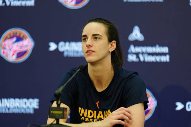 INDIANAPOLIS, IN - JULY 13: Indiana Fever guard Caitlin Clark (22) speaks to the media before a game against the Dallas Wings on July 13, 2025, at Gainbridge Fieldhouse in Indianapolis, Indiana. (Photo by Brian Spurlock Icon Sportswire) WNBA, Basketball Damen, USA JUL 13 Dallas Wings at Indiana Fever EDITORIAL USE ONLY Icon250713186