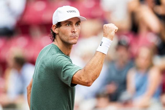 250715 Tristan Boyer of USA celebrates during day 3 of the Nordea Open on July 15, 2025 in Bastad. Photo: Niclas Jönsson BILDBYRAN COP 273 NO0351 tennis ATP, Tennis Herren 250 nordea open bbeng jubel Copyright: NICLASxJÖNSSON BB250715NO003