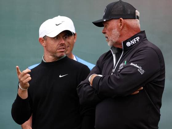 15th July 2025; Royal Portrush Golf Club, Portrush, County Antrim, Northern Ireland; The Open Golf Championship Practice Day 3; Rory McIlroy (NIR) speaks with playing partner Darren Clarke (NIR)  ActionPlus12814073 DavidxBlunsden