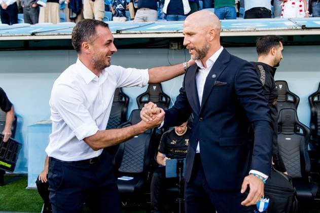 250715 Head coach Levan Korgalidze of FC Iberia and Henrik Rydström of Malmö FF ahead of the UEFA Champions League qualifier football match between Malmö FF and FC Iberia 1999 on July 15, 2025 in Malmö. Photo: Christian Örnberg BILDBYRAN COP 166 CO0587 fotboll football soccer fotball uefa champions league gualifiers champions league malmö ff fc iberia bbeng bbauto Copyright: CHRISTIANxÖRNBERG BB250715CO014