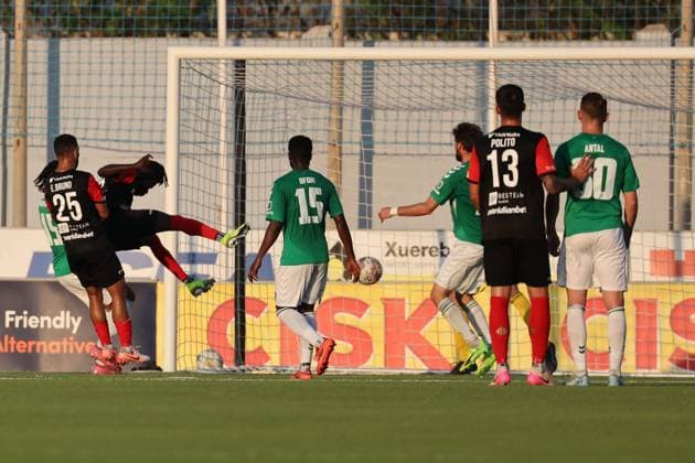 Saliou Thioune (2nd left) of Hamrun Spartans scores the 1-0 goal during the UEFA Champions League First qualifying round, 2nd leg soccer match between Hamrun Spartans FC and FK Zalgiris at the Centenary Stadium, in Ta Qali, Malta, 15 July 2025. UEFA Champions League - Hamrun Spartans FC v FK Zalgiris