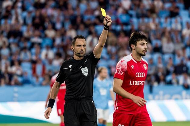 250715 Giorgi Tabatadze of FC Iberia is shown a yellow card from referee Romain Lissorgue during the UEFA Champions League qualifier football match between Malmö FF and FC Iberia 1999 on July 15, 2025 in Malmö. Photo: Christian Örnberg BILDBYRAN COP 166 CO0587 fotboll football soccer fotball uefa champions league gualifiers champions league malmö ff fc iberia bbeng bbauto Copyright: CHRISTIANxÖRNBERG BB250715CO071