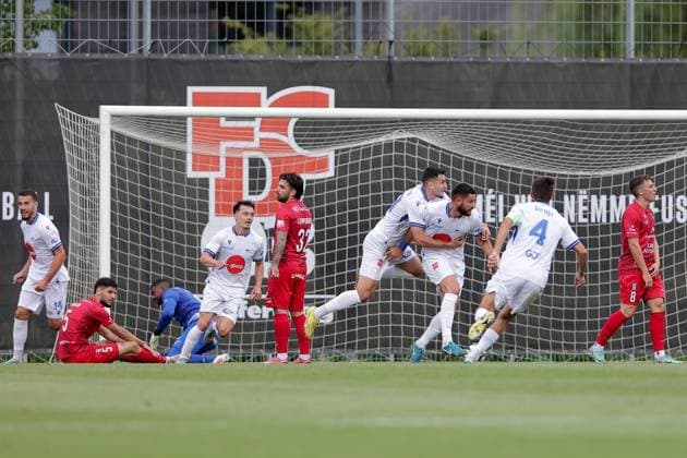 Arber Manaj (Drita 9) jubelt, freut sich, Jubel, Freude nach dem 0:2 15.07.2025 Fussball Champions League Qualifikation, 1. Runde, Rückspiel, Saison 2025-2026 15.07.2025 FC Differdingen 03 (LUX) - FC Drita (XKX) (Differdange) Stade Municipal de la Ville de Differdange, Differdingen