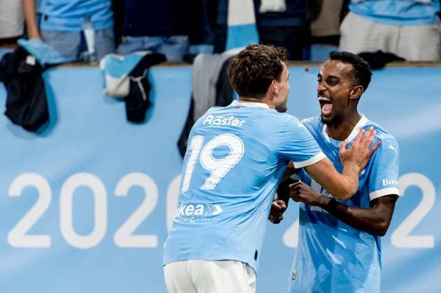 250715 Taha Ali and Colin Rösler celebrate after 3-0 during the UEFA Champions League qualifier football match between Malmö FF and FC Iberia 1999 on July 15, 2025 in Malmö. Photo: Christian Örnberg BILDBYRAN COP 166 CO0587 fotboll football soccer fotball uefa champions league gualifiers champions league malmö ff fc iberia bbeng bbauto jubel Copyright: CHRISTIANxÖRNBERG BB250715CO078